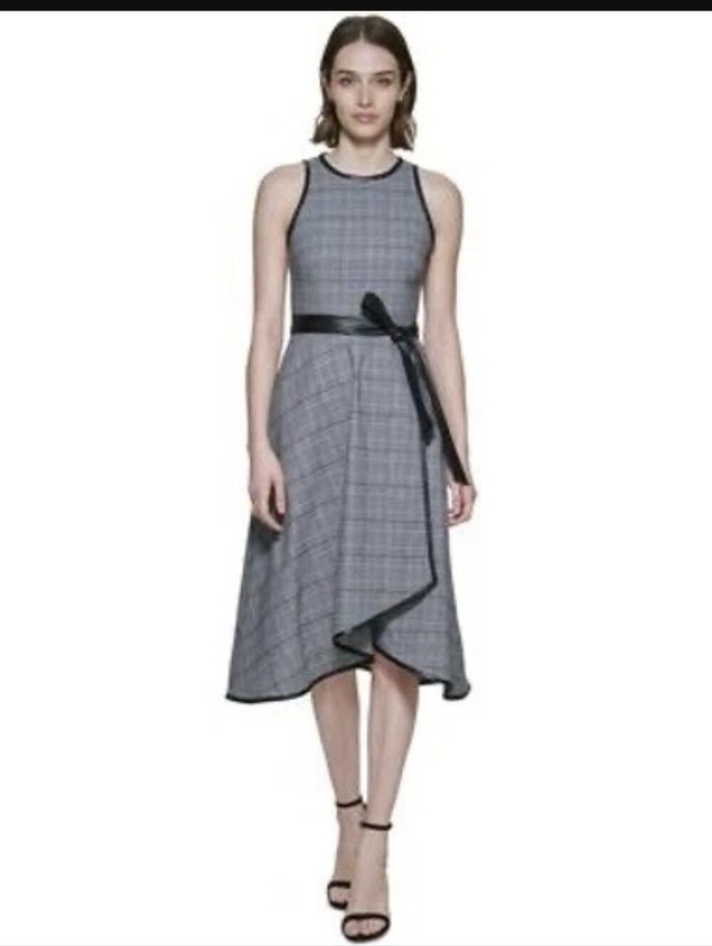 DKNY Black/White Plaid Sleeveless Piping Trim Vegan Leather Belted Dress 14 NWT